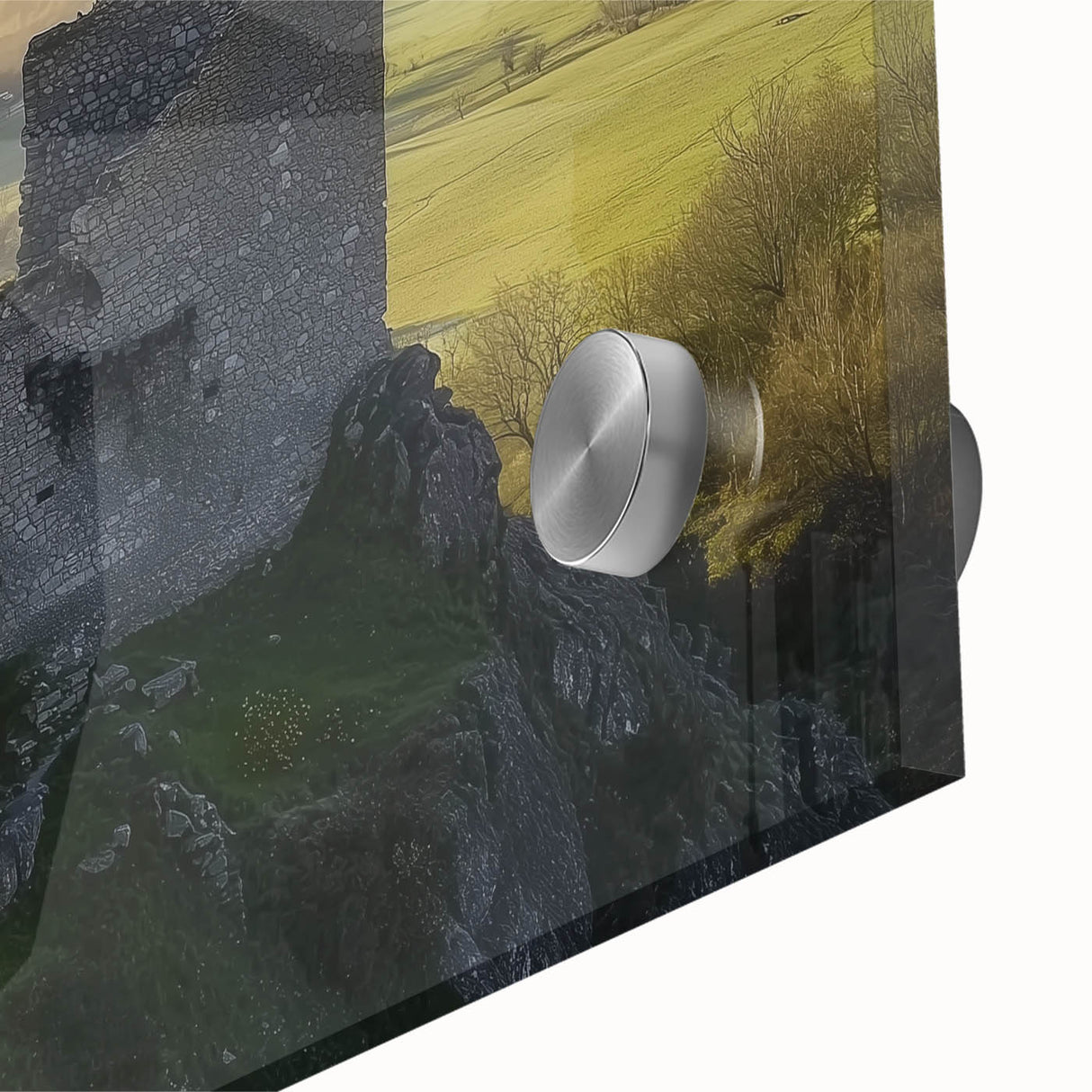 Close-up of an acrylic glass artwork depicting a vibrant landscape with a majestic castle, showcasing intricate details and rich colors, ideal for home decor.