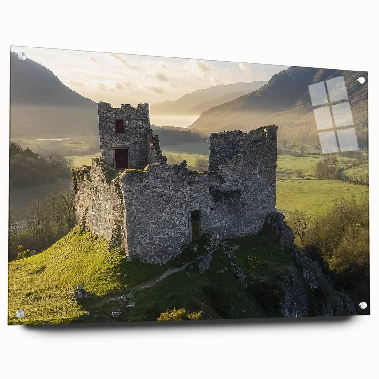 Acrylic glass artwork showcasing a stunning landscape castle design, displayed from a side view with elegant pins, perfect for home decor enthusiasts. The vibrant colors and intricate details enhance any interior space.