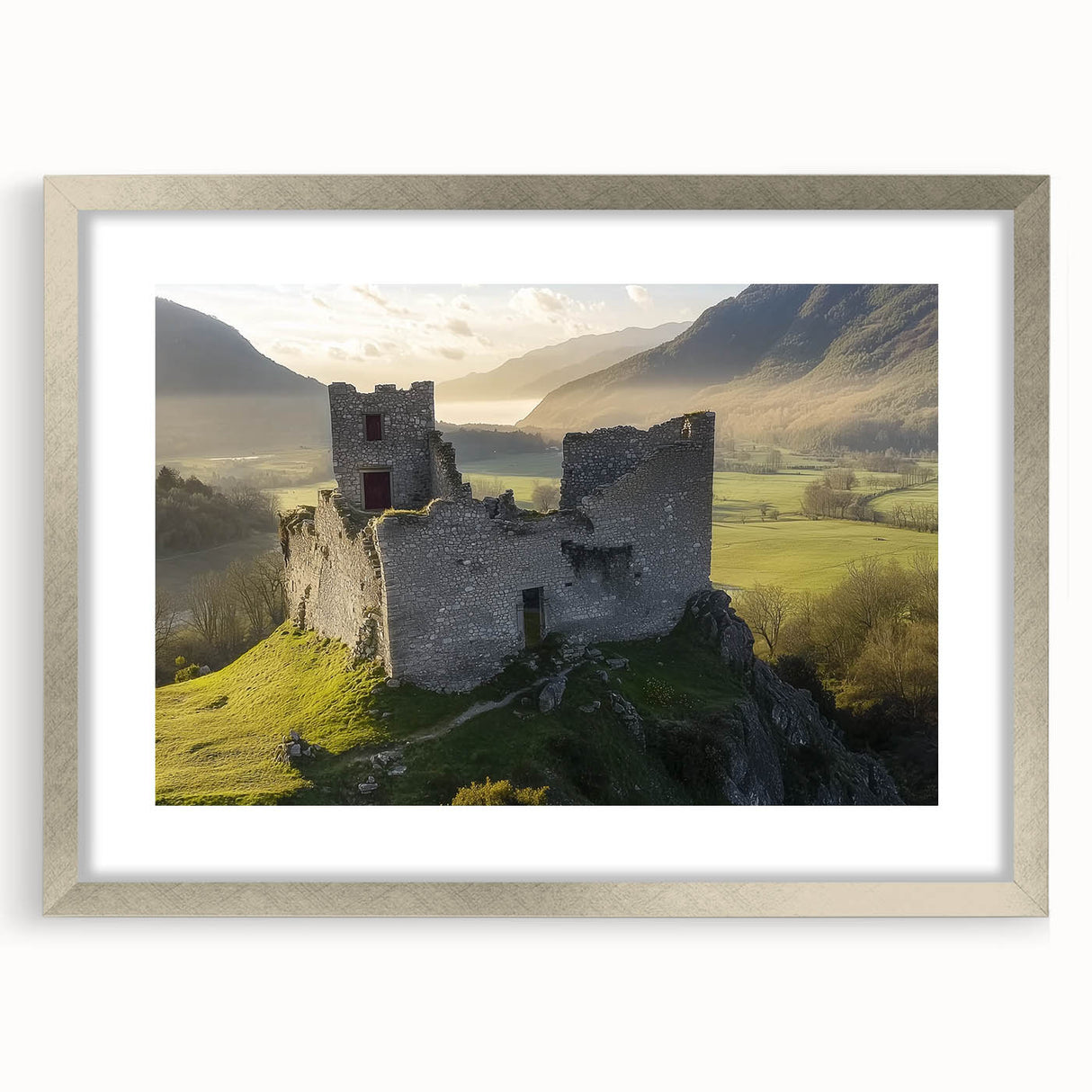 Elegant silver-framed landscape artwork depicting a majestic castle surrounded by lush greenery, enhanced with a white mat for a sophisticated finish. Perfect for home decor.