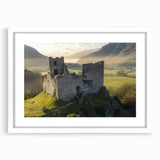 Elegant white-framed landscape artwork featuring a serene castle surrounded by lush greenery, designed for home decor. Perfect for enhancing any living space with a touch of sophistication.