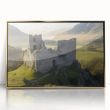 Framed acrylic artwork showcasing a picturesque landscape with a majestic castle, highlighted with gold accents, perfect for elegant home decor.