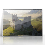 Framed acrylic landscape artwork depicting a serene castle scene, showcased in a sleek white frame, ideal for home decor. Perfect for adding elegance to any room.