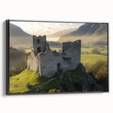 Framed canvas artwork showcasing a picturesque landscape with a majestic castle, set against a serene background. The piece features rich colors and intricate details, perfect for enhancing home decor.