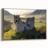 Framed canvas artwork depicting a serene landscape with a majestic castle, featuring a gold frame and side view, ideal for enhancing home decor and interior aesthetics.