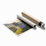 Rolled print of a picturesque landscape with a majestic castle, showcasing vibrant colors and intricate details, ideal for home decor or art collection.