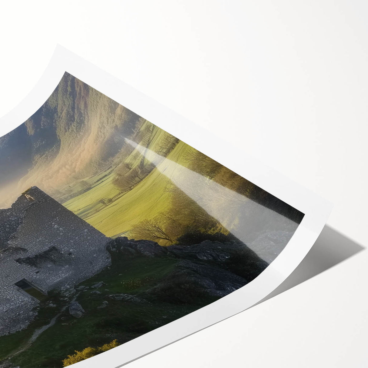 Scenic rolled print of a tranquil landscape featuring a majestic castle surrounded by lush greenery and a clear blue sky, perfect for home decor.