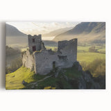Stretched canvas artwork depicting a breathtaking landscape with a majestic castle surrounded by lush greenery under a vibrant blue sky, ideal for home decor.