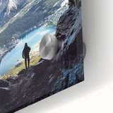 Close-up of an acrylic glass artwork depicting a vibrant landscape with intricate cave formations in rich colors, showcasing detailed textures and natural beauty.