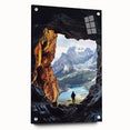 Acrylic glass landscape artwork showcasing detailed cave formations and vibrant colors, displayed in a side view with decorative pins, enhancing modern decor aesthetics.