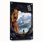 Acrylic glass landscape artwork showcasing detailed cave formations and vibrant colors, displayed in a side view with decorative pins, enhancing modern decor aesthetics.