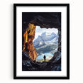 Framed landscape artwork depicting a serene cave scene with a black mat, showcasing intricate details and textures, ideal for home decor enthusiasts.