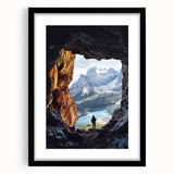 Framed landscape artwork depicting a serene cave scene with a black mat, showcasing intricate details and textures, ideal for home decor enthusiasts.