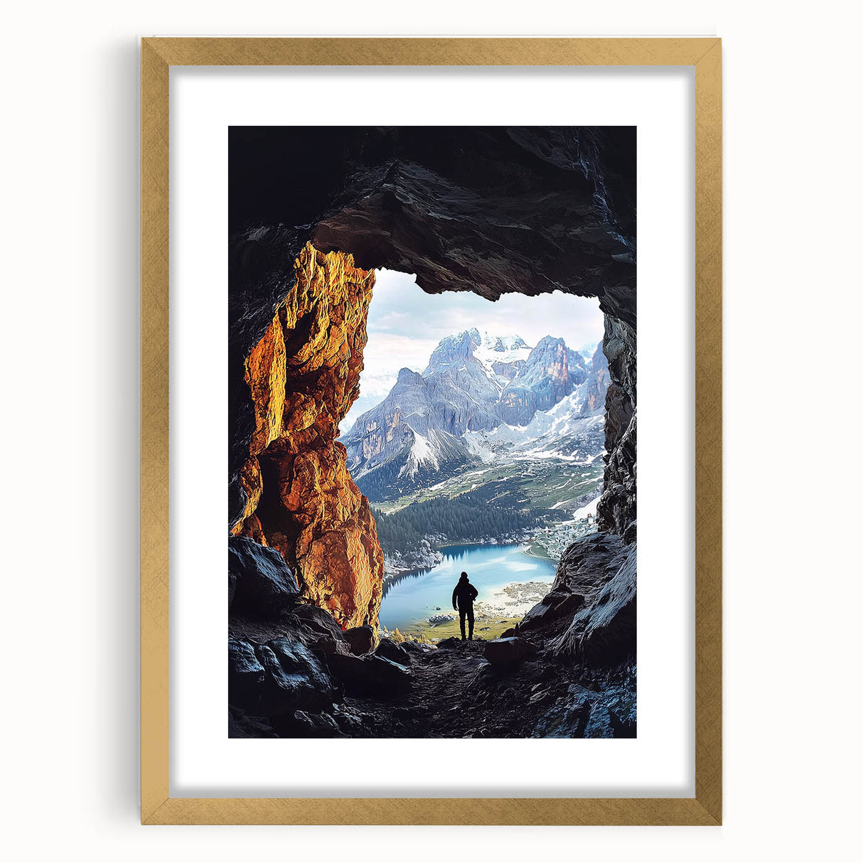 Elegant gold-framed landscape artwork featuring intricate cave designs, matted for enhanced presentation, perfect for home décor or art collectors. A stunning visual centerpiece that combines nature and artistry in a sophisticated display.