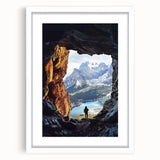 Framed landscape artwork depicting a serene cave scene with vibrant colors, featuring a white mat and sleek design, ideal for enhancing home decor.