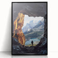 Framed acrylic artwork showcasing a stunning cave landscape with rich colors and intricate details, presented in a sleek black frame for modern decor.