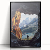 Framed acrylic artwork showcasing a stunning cave landscape with rich colors and intricate details, presented in a sleek black frame for modern decor.