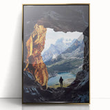 Framed acrylic artwork showcasing a stunning landscape with caves, featuring a gold front finish, ideal for modern home decor and art enthusiasts.