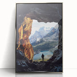 Framed acrylic artwork showcasing a stunning landscape scene with intricate cave formations, highlighted by a sleek silver frame, perfect for home decor.