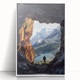 Framed acrylic artwork depicting a serene landscape with caves and vibrant colors, set in a white frame, perfect for modern home decor. Ideal for nature lovers and art enthusiasts.