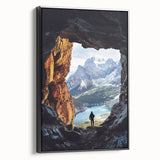 Framed canvas artwork depicting a stunning landscape with caves, featuring vibrant colors and intricate details, ideal for enhancing modern home decor. The black frame adds a sophisticated touch, making it a perfect focal point for any room.