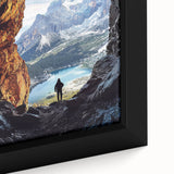 Close-up of a framed canvas showcasing a vibrant landscape with intricate cave formations, featuring rich earthy tones and textures, perfect for home decor.