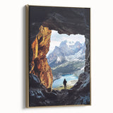 Framed canvas artwork depicting a serene landscape with caves, featuring a gold frame and side view, perfect for home decor and enhancing interior spaces.