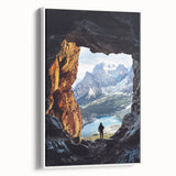 Framed canvas artwork showcasing a stunning landscape with intricate cave formations, presented in a sleek white frame. Perfect for modern home decor.