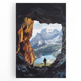 Stretched canvas artwork depicting a serene cave landscape with rich earthy tones, ideal for home decor or office spaces, showcasing natural beauty and tranquility.