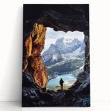 Stretched canvas artwork depicting a serene landscape with caves, showcasing earthy tones and intricate details, perfect for enhancing home decor with natural beauty.
