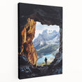 Side view of a stretched canvas depicting a serene landscape with caves, featuring earthy tones and intricate details, ideal for enhancing home decor.