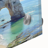 Close-up of a vibrant acrylic glass artwork depicting colorful cliffs and landscapes, showcasing intricate details and textures perfect for home decor.