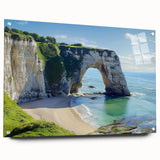 Acrylic glass artwork showcasing vibrant landscapes with dramatic cliffs and a side view display, secured with stylish pins for a modern aesthetic.