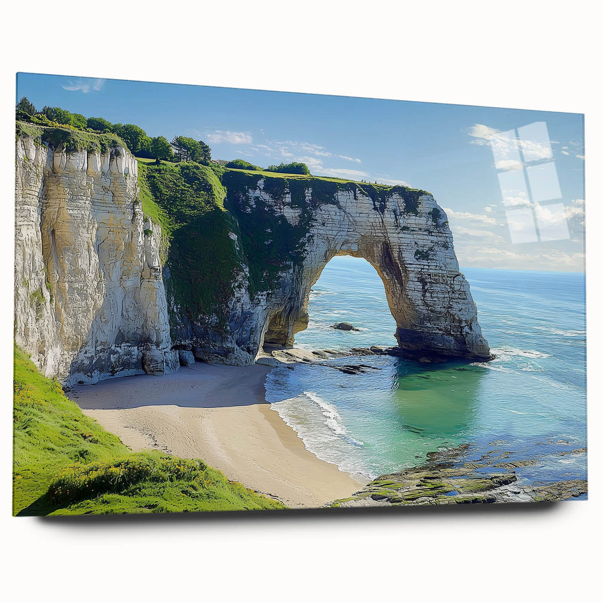 Acrylic landscape artwork depicting majestic cliffs in vibrant colors, showcased in a side view without pins, ideal for modern home decor or gallery display.