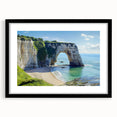 Black-framed landscape print showcasing dramatic cliffs and serene nature scene, presented with a white mat for a polished look, ideal for home decor.