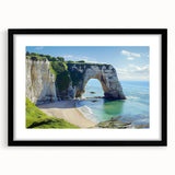 Black-framed landscape print showcasing dramatic cliffs and serene nature scene, presented with a white mat for a polished look, ideal for home decor.
