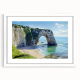 Framed landscape artwork showcasing dramatic cliffs under a bright blue sky, featuring a sleek white mat and modern design, perfect for stylish home decor.