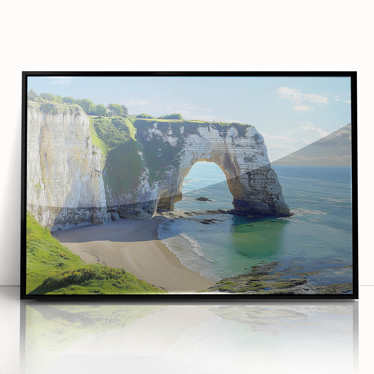 Framed acrylic artwork depicting dramatic cliffs and landscapes in rich hues, featuring a sleek black frame, ideal for modern home decor and nature enthusiasts.