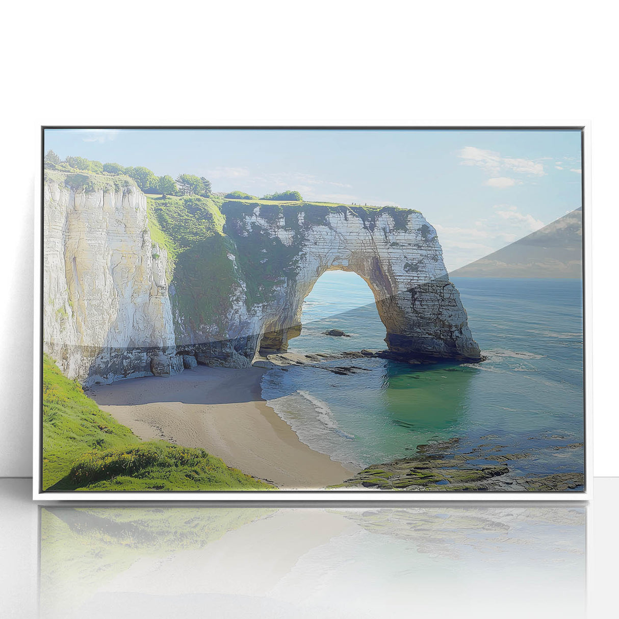 Framed acrylic artwork depicting a serene landscape of cliffs under a bright blue sky, featuring vibrant colors and intricate details, perfect for home decor.