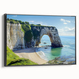 Framed canvas artwork depicting a dramatic landscape with cliffs and a vibrant sunset, featuring a black frame that enhances the visual appeal. Perfect for home decor.