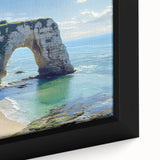 Close-up of a framed canvas artwork depicting a breathtaking landscape with dramatic cliffs and vibrant colors, perfect for adding natural beauty to any space.