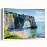 Framed canvas artwork showcasing a stunning landscape of towering cliffs in vibrant colors, set against a white background, ideal for modern home decor.