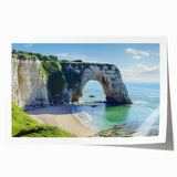 Stunning landscape print showcasing majestic cliffs against a vibrant sunset sky, rolled and ready for display, perfect for home decor enthusiasts.