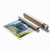 Vibrant landscape print showcasing majestic cliffs and a serene sky, rolled for easy transport and perfect for home decor, capturing natural beauty and tranquility.