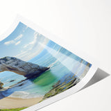 Breathtaking landscape print showcasing dramatic cliffs and vibrant skies, rolled for easy shipping in a protective cardboard tube, perfect for home decor.