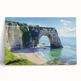 Stretched canvas artwork depicting a dramatic cliff landscape at sunset, showcasing vibrant orange and purple hues with intricate details, perfect for modern home decor.