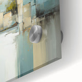 Close-up of abstract architecture wall art design, featuring vibrant colors and geometric shapes on acrylic glass, ideal for modern home decor.