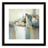 Abstract architectural wall art framed in black, showcasing geometric shapes and soft color gradients, perfect for modern home decor or office aesthetics.