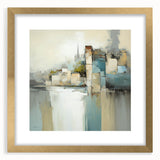 Abstract wall art featuring geometric architecture in gold and white, elegantly framed with a mat. Ideal for modern home decor, enhancing minimalist interiors.