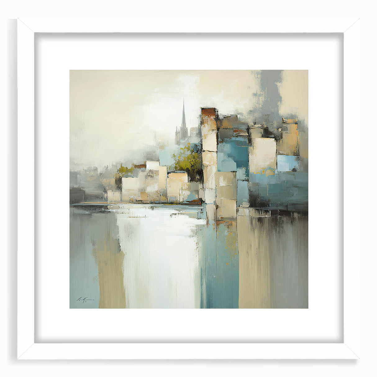 Abstract architecture wall art framed with a white mat, showcasing geometric shapes and soft color gradients, ideal for modern home decor.