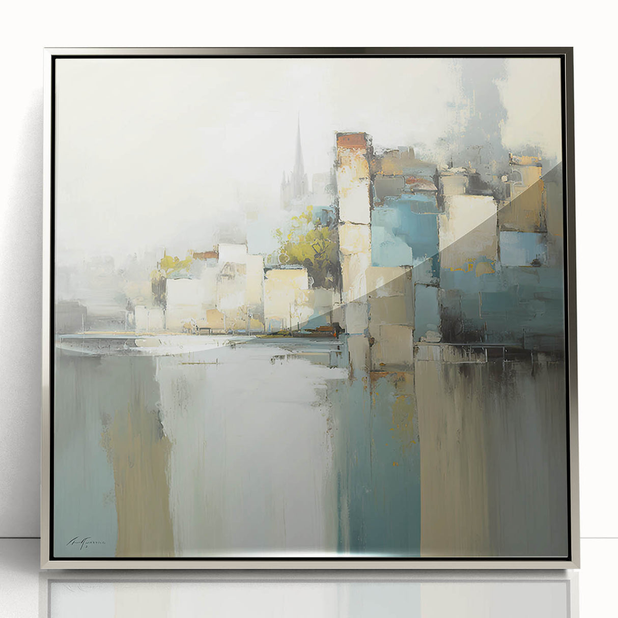 Framed acrylic wall art showcasing an abstract architectural design in silver tones, perfect for modern home decor. Ideal for enhancing contemporary interiors.